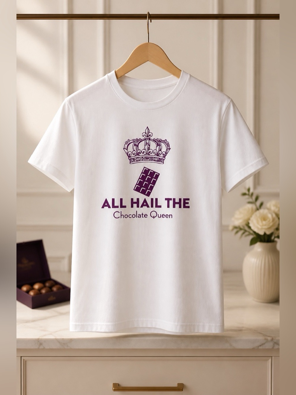 WHITE SHORT SLEEVE CUSTOM INK T-SHIRT “ALL HAIL THE CHOCOLATE QUEEN” in BROWN S